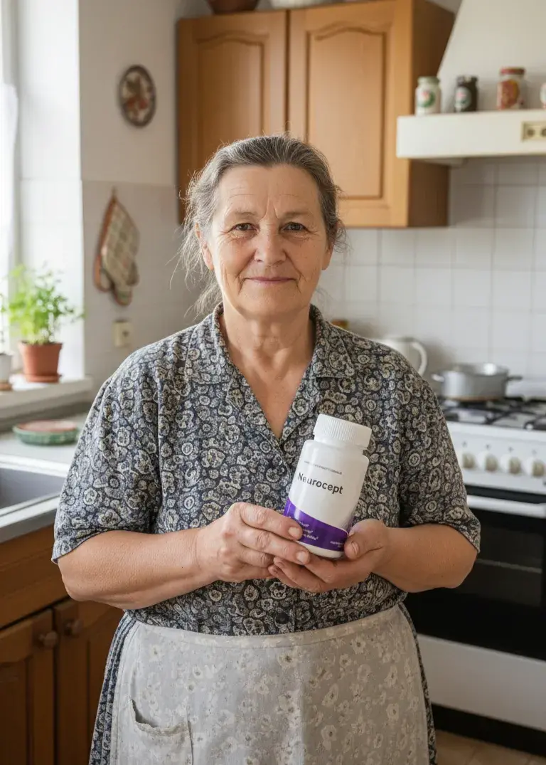 Older woman holding Neurocept in kitchen